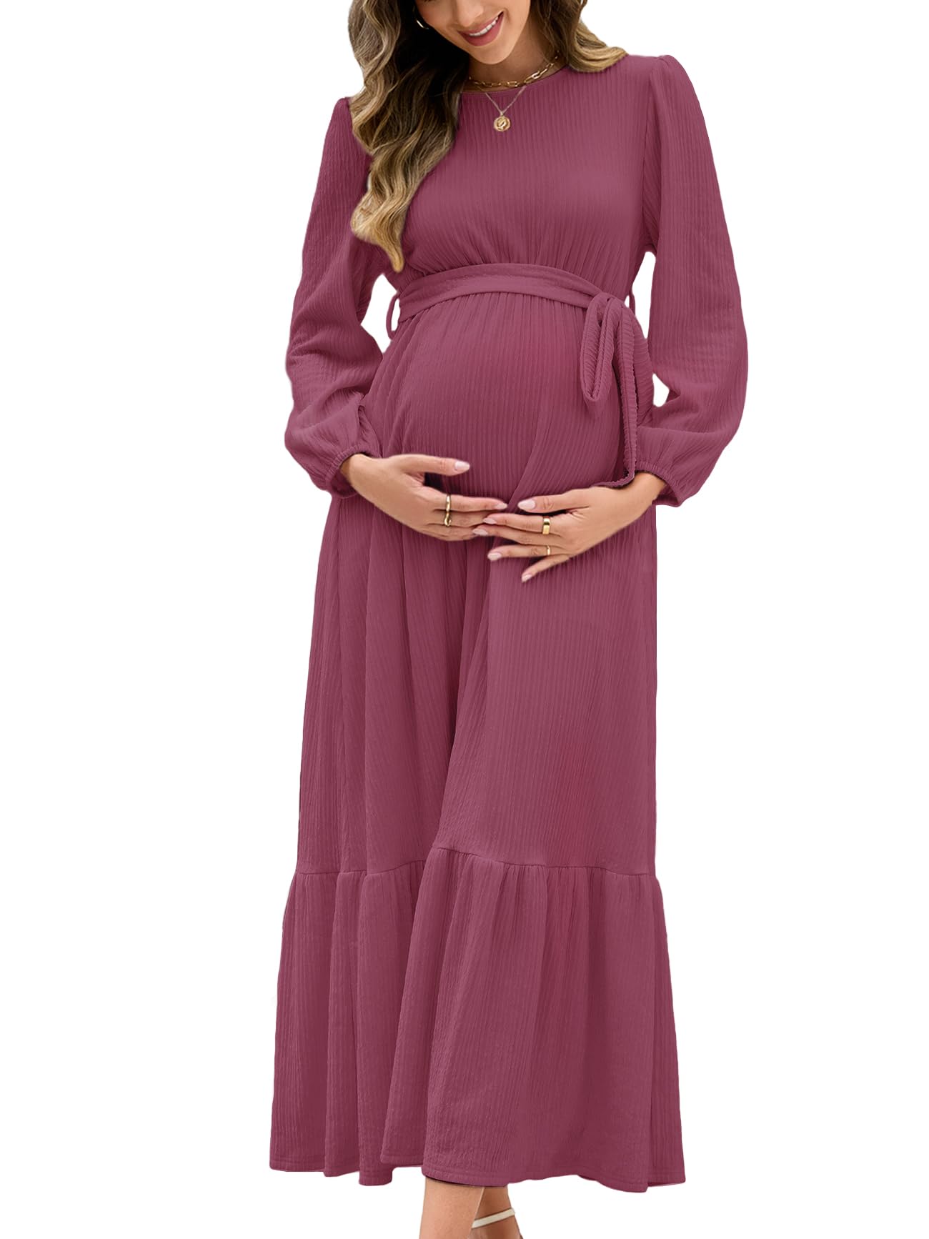 Photo 1 of AISWI Women's Maternity Maxi Dress with Belt Long Sleeve Crew Neck Pregnancy Dresses with Pockets Baby Shower Photoshoot, Plum Pink, Large