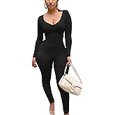 BORIFLORS Women's Sexy Long Sleeve Bodycon One Piece Jumpsuits Club Outfits V Neck Ruched Rompers