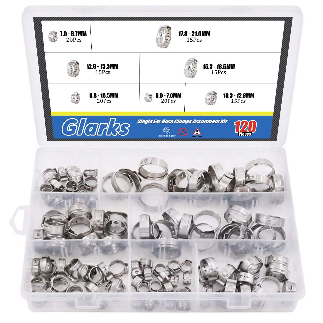 Glarks 120Pcs 7-21mm 304 Stainless Steel Single Ear Hose Clamps Assortment Kit