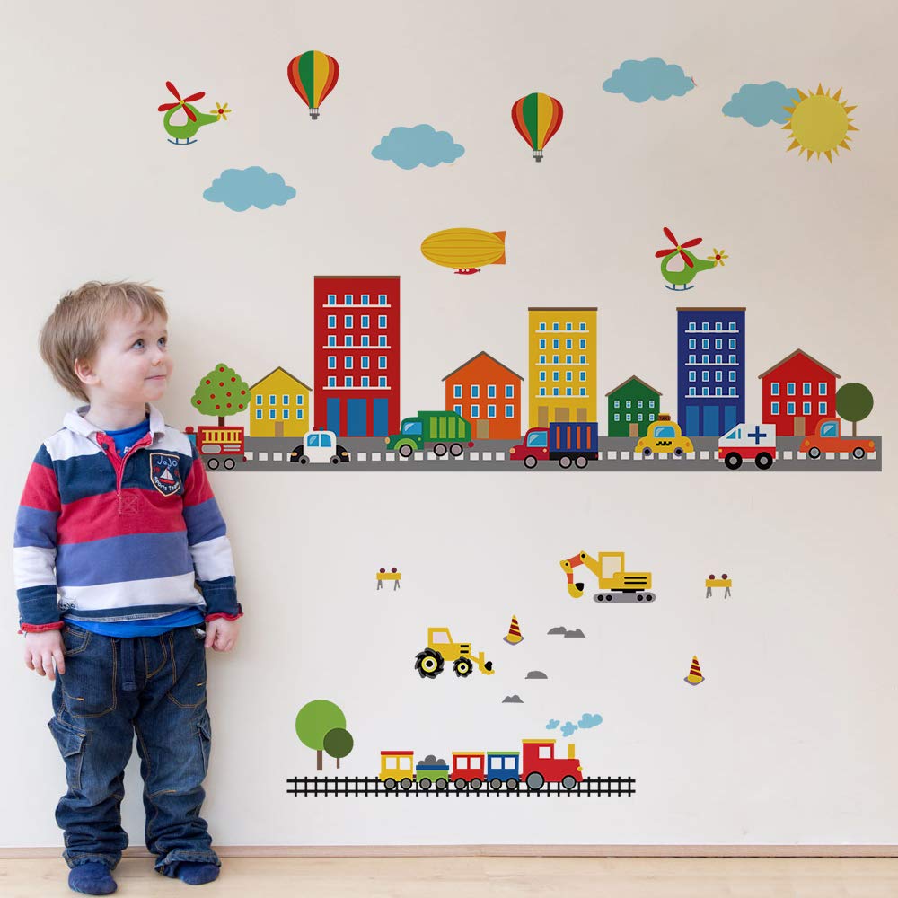Runtoo Construction Transports Wall Stickers Car Train Plane Kids Wall Decals Bedroom Boys Nursery Home Decor