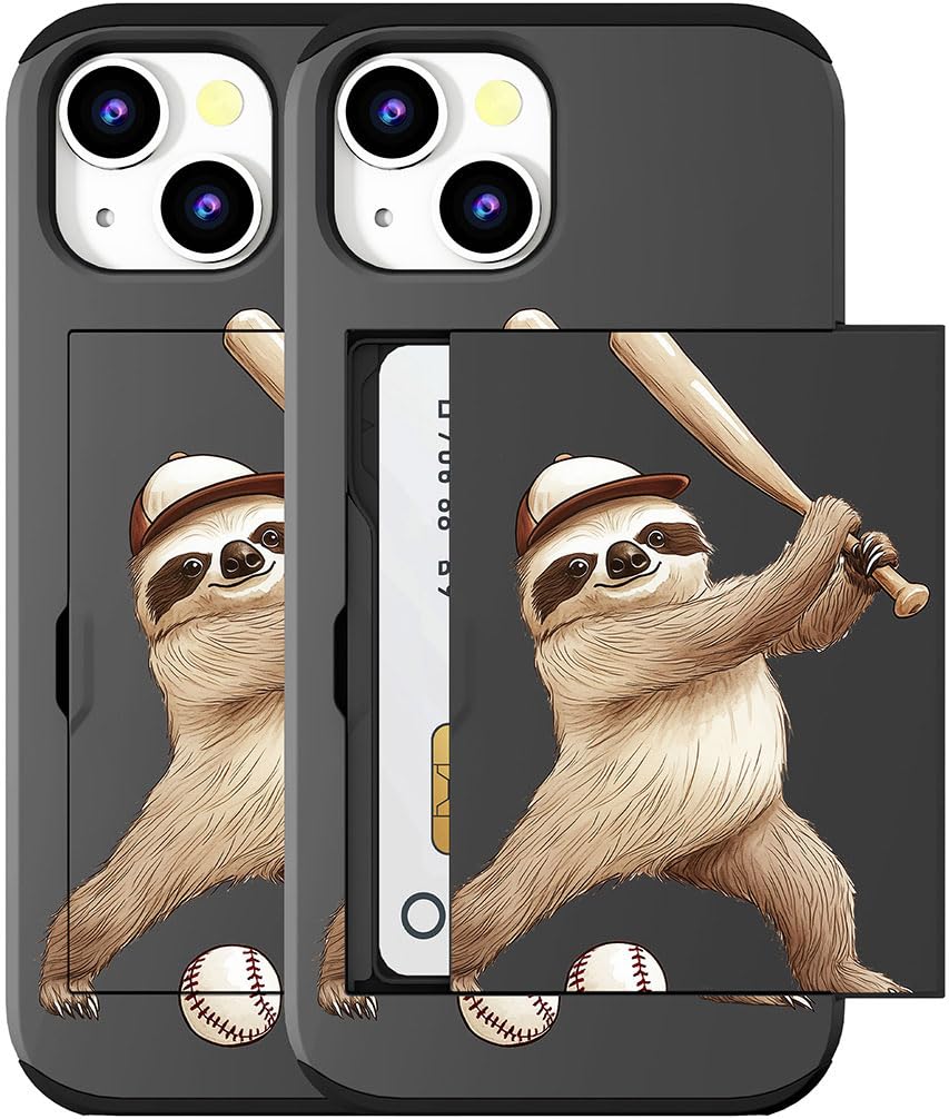 MUQR Compatible for iPhone 15 Plus Case with Card Holder Cute - Kawaii Design Military-Grade Drop Protection Rugged Wallet Cases for Women (Black Sloth Baseball)