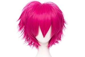 LABEAUTÉ Max Beauty Anime Short Rose Pink Cosplay Wig With Bangs Unisex Fluffy Heat Resistant Hair for Party Halloween + Free Cap