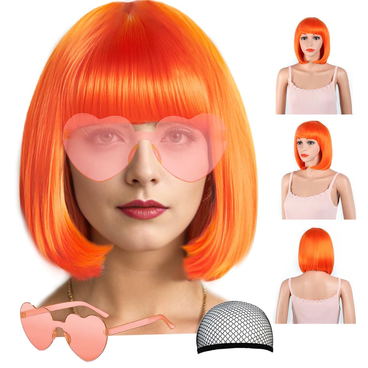 Party Wigs Wig Cap and Sunglass Set,Short Bob Hair Wigs Straight with Flat Bangs Synthetic Colorful Cosplay Daily Party Neon Wig for Women (Orange)