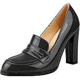 Lutalica W Women's Handmade Closed Round Toe Patent Leather Slip On Dressy Chunky High Heel Loafer Pumps Shoes for Work Party Evening