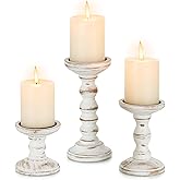 Romadedi Wood Candle Holders for Pillar Candles - Set of 3 Tall Farmhouse Wooden Candlestick Holder, Rustic Candle Stand for Fireplace Mantle Shelf Table Home Decor, Brown Whitewashed 3.9"/6"/ 8.3"