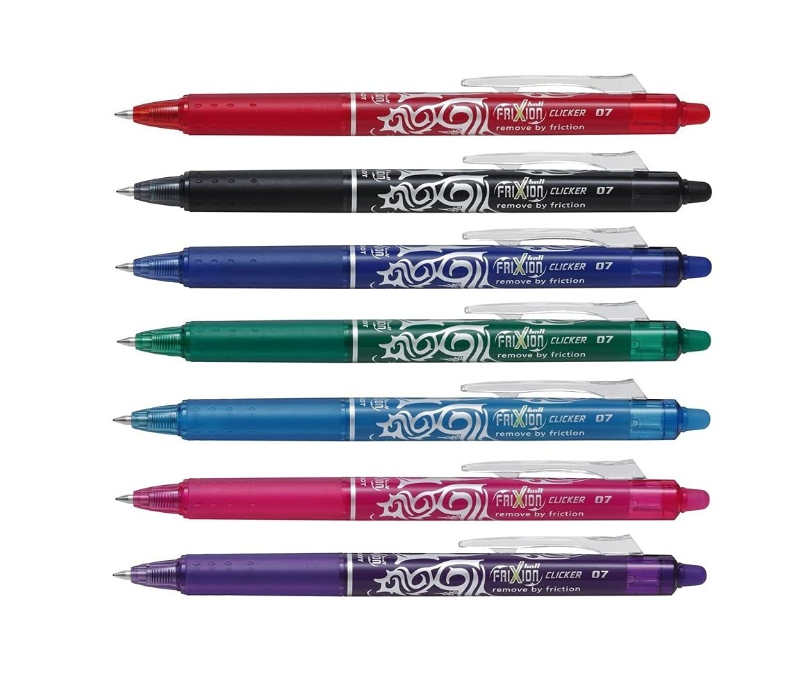 7 x PILOT FRIXION CLICKER 0.7mm BLRT-FR7 - ERASABLE RETRACTABLE ROLLERBALL, 1 OF EACH COLOUR - RED, LIGHT BLUE, DARK BLUE, GREEN, PINK, VIOLET and BLACK