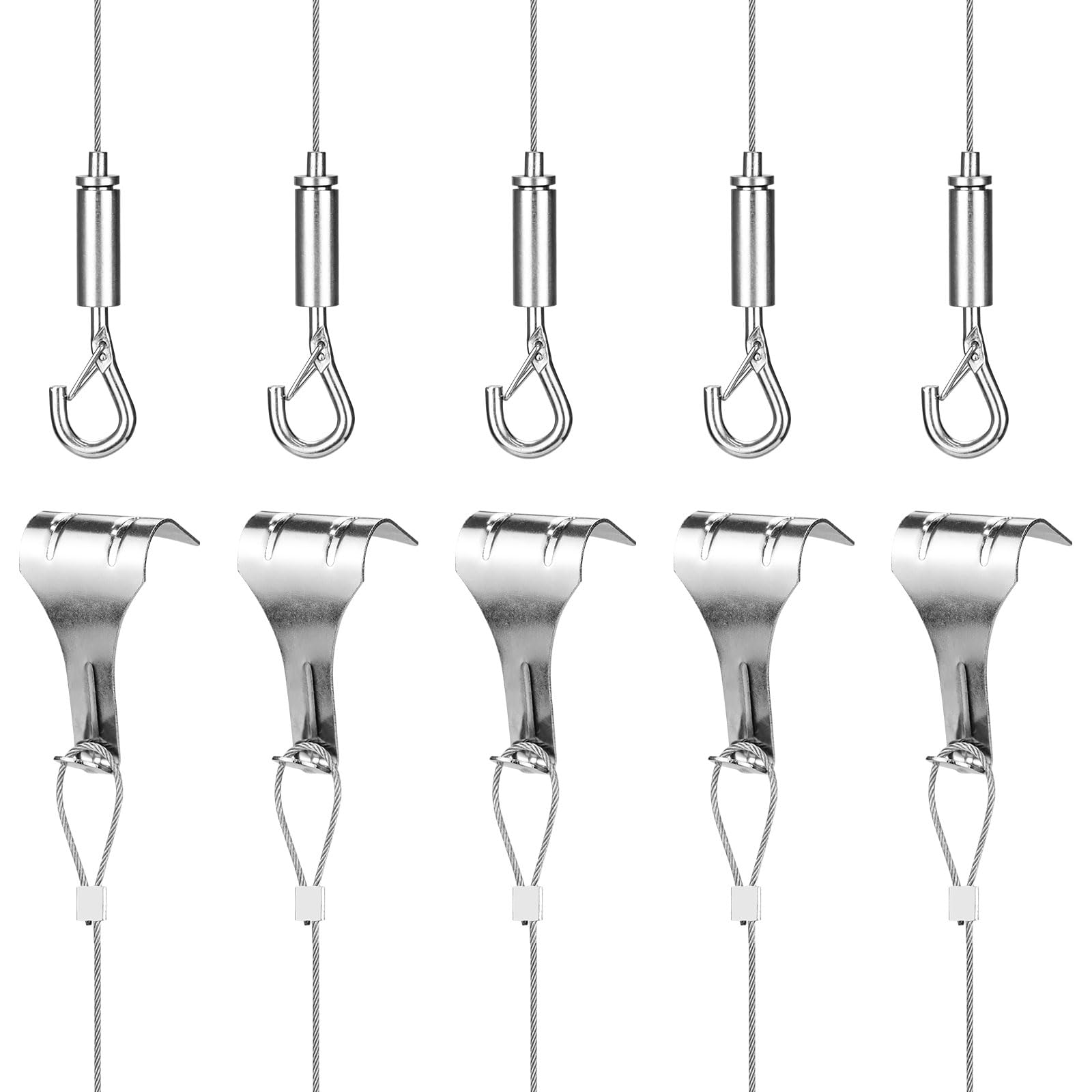 5Pcs Picture Hanging Wire Kit, 2m × Φ1.5mm Stainless Steel with Wire Adjustable Hook and Rail Moulding Hook, Heavy Duty Picture Wire Mirror Hanging Wire Rope Hold Up to 44lb/20kg