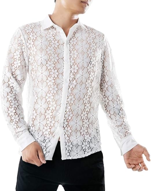 Gocgt Men's Fashion Lace Shirts Stylish Lace Shirt Blouse Basic Shirts