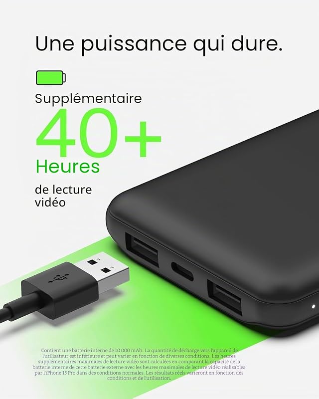 batería externa portátil de 10000mAh, cargador externo USB-C con 1 puerto USB-C y 2 puertos USB-A, power bank de 15 W, batería portátil para iPhone, Galaxy, Pixel, AirPods, iPad y otros - Noir