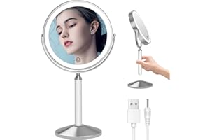 LOVESPEJO Lighted Makeup Mirror with Magnification 1X/10X, 8" Double-Sided Magnifying Mirror with Light, 3 Color Dimmable Detachable Cosmetic Mirror, Rechargeable LED Makeup Mirror, Chrome+White