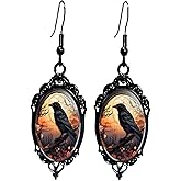 Gothic Halloween Cameo Earrings,Vintage Crystal Glass Witch/Raven/Bat/Tree Dangle Earrings Punk Style Dark Earring Goth Victorian Earring Halloween Jewelry for Women