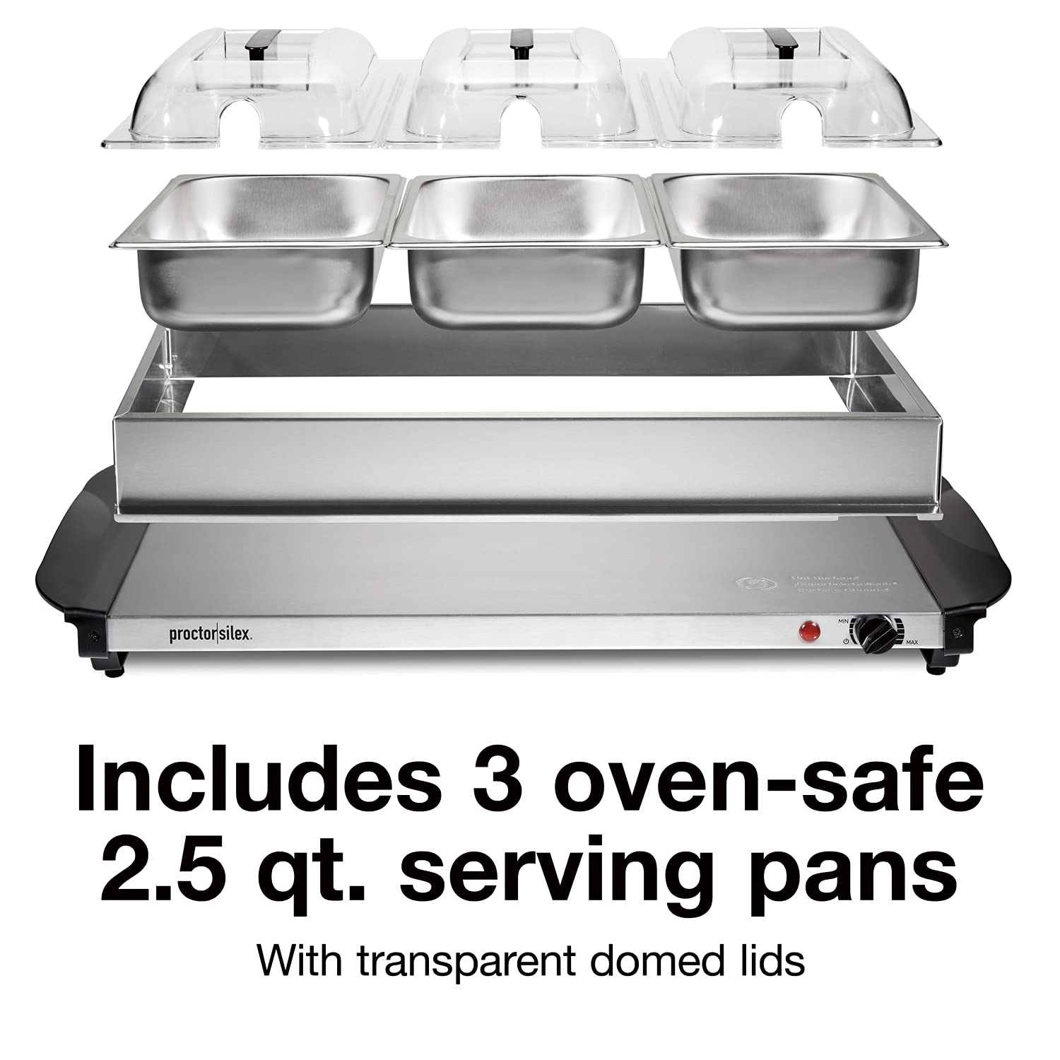 Proctor Silex Buffet Server & Food Warmer, Adjustable Heat, for Parties, Holidays and Entertaining, Three 2.5 Quart Oven-Safe Chafing Dish Set, Stainless Steel