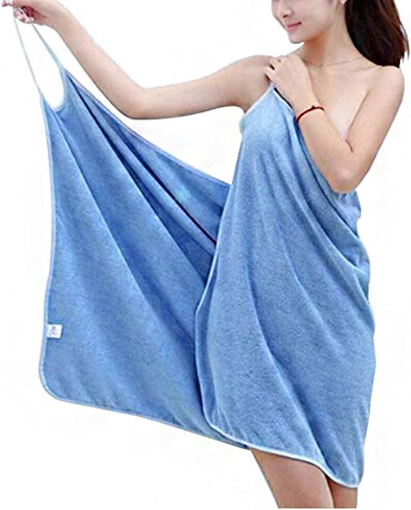 Heartell Women's Wearable Quick-Drying Soft Bath Towel Shoulder Straps Beach Towel Spa Bathrobes (Blue)