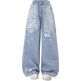 Nivne Tco Girls Ripped Distressed Jeans - Baggy Wide Leg Girls Pants with Stretchy Waist, Gradient Denim Pants for Kids