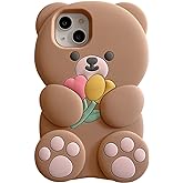 YAKVOOK Kawaii Phone Cases Compatible with iPhone 14 Pro Max,Cute Cartoon Flower Teddy Bear Brown Case Women Girls 3D Soft Silicone Shockproof Cover for iPhone 14 Pro Max