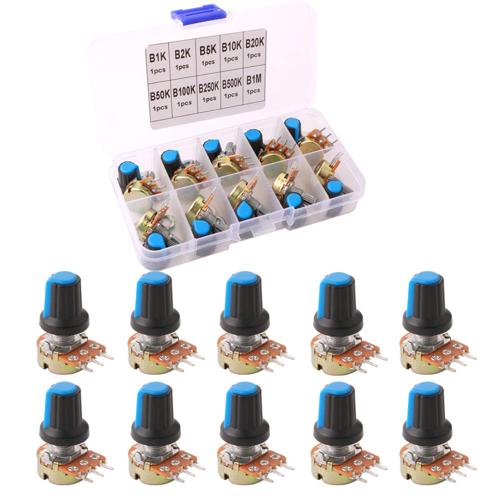 QitinDasen 10Pcs Premium Linear Rotary Taper Potentiometer, Adjustable 3 Terminal Rotary Potentiometer, with Knob Cap and Washer (B1K～B1M Ohm)