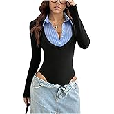 SOLY HUX Women's Striped Long Sleeve Bodysuits Button Down Tshirts Collared 2 in 1 Tops Preppy Clothes