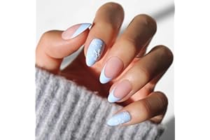 Glamnetic Press On Nails - Snow Bunny | Short Almond Fake Nails in Pale Blue with French Tips & 3D Snowflake Designs in a Matte Finish, Salon Quality Winter Nails | 15 Sizes - 30 Nail Kit with Glue