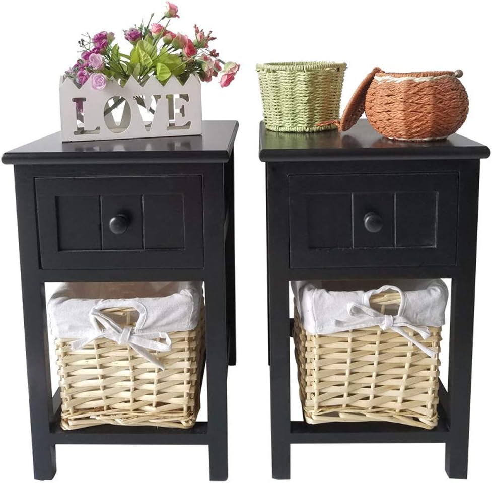 LEPAK Bedside Table Set of 2,Shabby Chic Night Stand Bedside Storage Cabinets with Drawer and Wicker Woven Basket for Bedroom/Living Room,Black