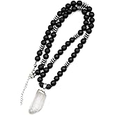 ElisaJewelryArt - Natural Raw Amethyst Crystal Pendant Black Lava Stone Beaded Necklace Genuine Gemstone Feng Shui Stone Clasp Closure Necklace Unisex Necklace
