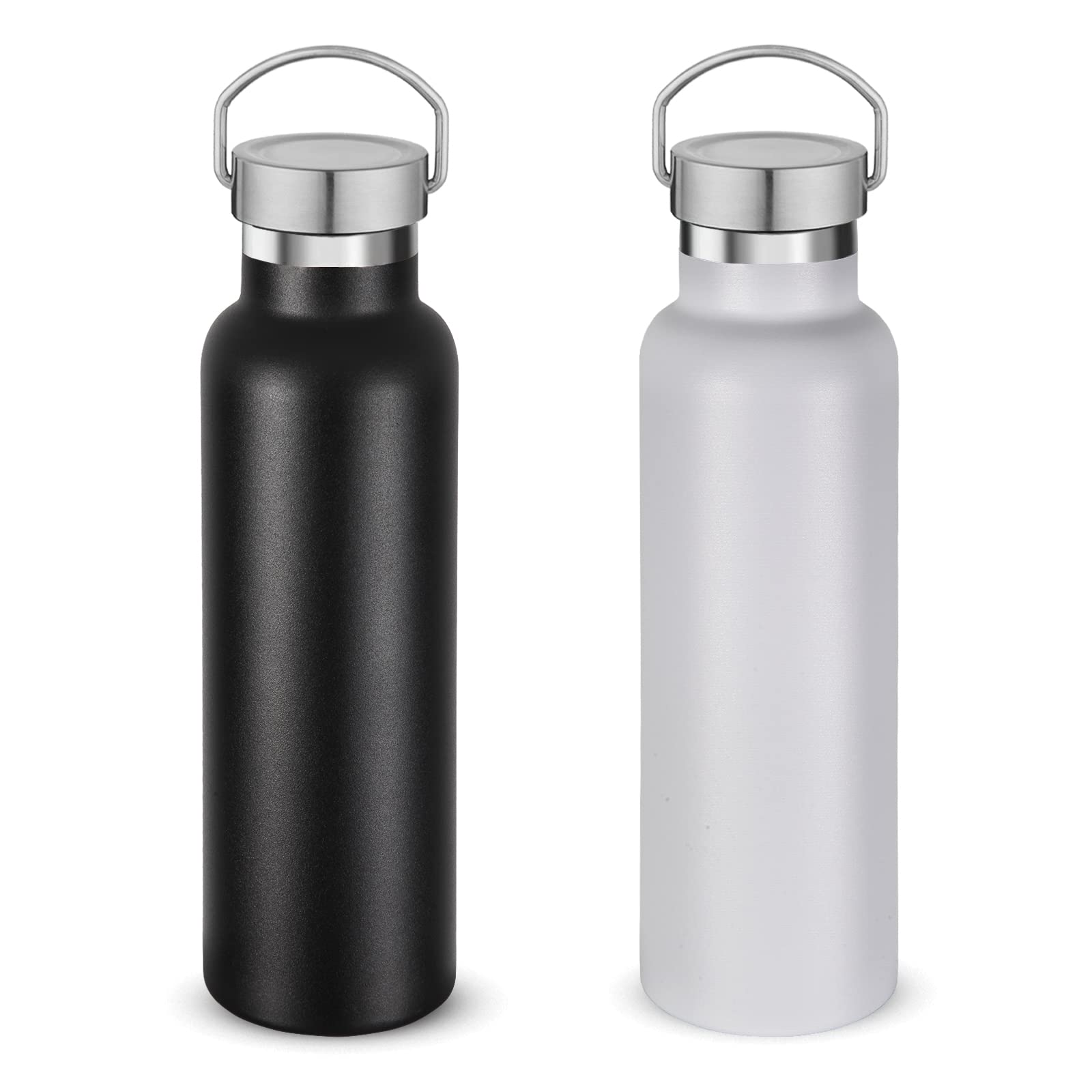 Volhoply 600ml Insulated Water Bottles Bulk Two Pack,Stainless Steel Double Wall Sport Bottle with Lid of Handle,Metal Reusable Flask for School,Cyclists,Hikers,Gift (Mix,Set of 2)