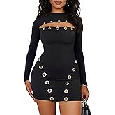 Vakkest Womens Sexy Long Sleeve Dress Metal Ring Cut Out Bodycon Mini Dresses Fall Going Out Club Party Y2K Outfit
