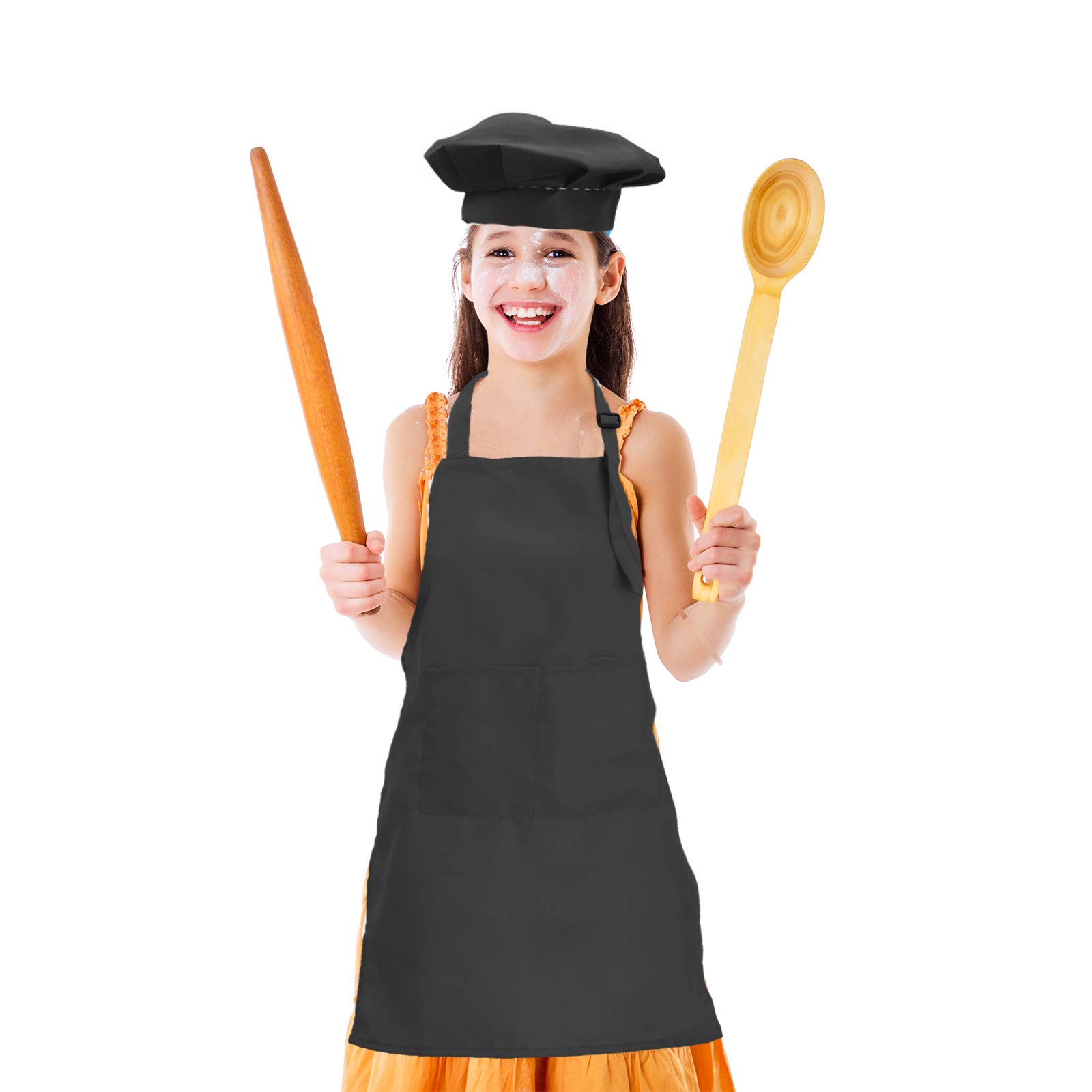 CWFUN Kids-Children Black Apron and chef hat Set,Aprons for Kids-Boys Girls Adjustable Aprons-Children Kid's Kitchen Cooking and Baking Wear(4-12 Years Old) (Black-1Set, Size L)