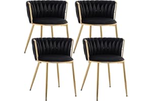 Riknuxi Velvet Dining Chairs Set of 4, Modern Woven Dining Chair with Metal Legs, Gold Upholstered Dining Chairs for Dining Room, Kitchen, Vanity, Living Room (Black)