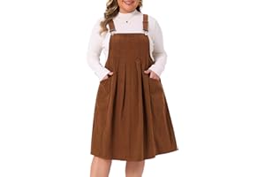 Agnes Orinda Plus Size Corduroy Pinafore Dress for Women Pleated Adjustable Strap Suspender Skirt Short Overall Dress