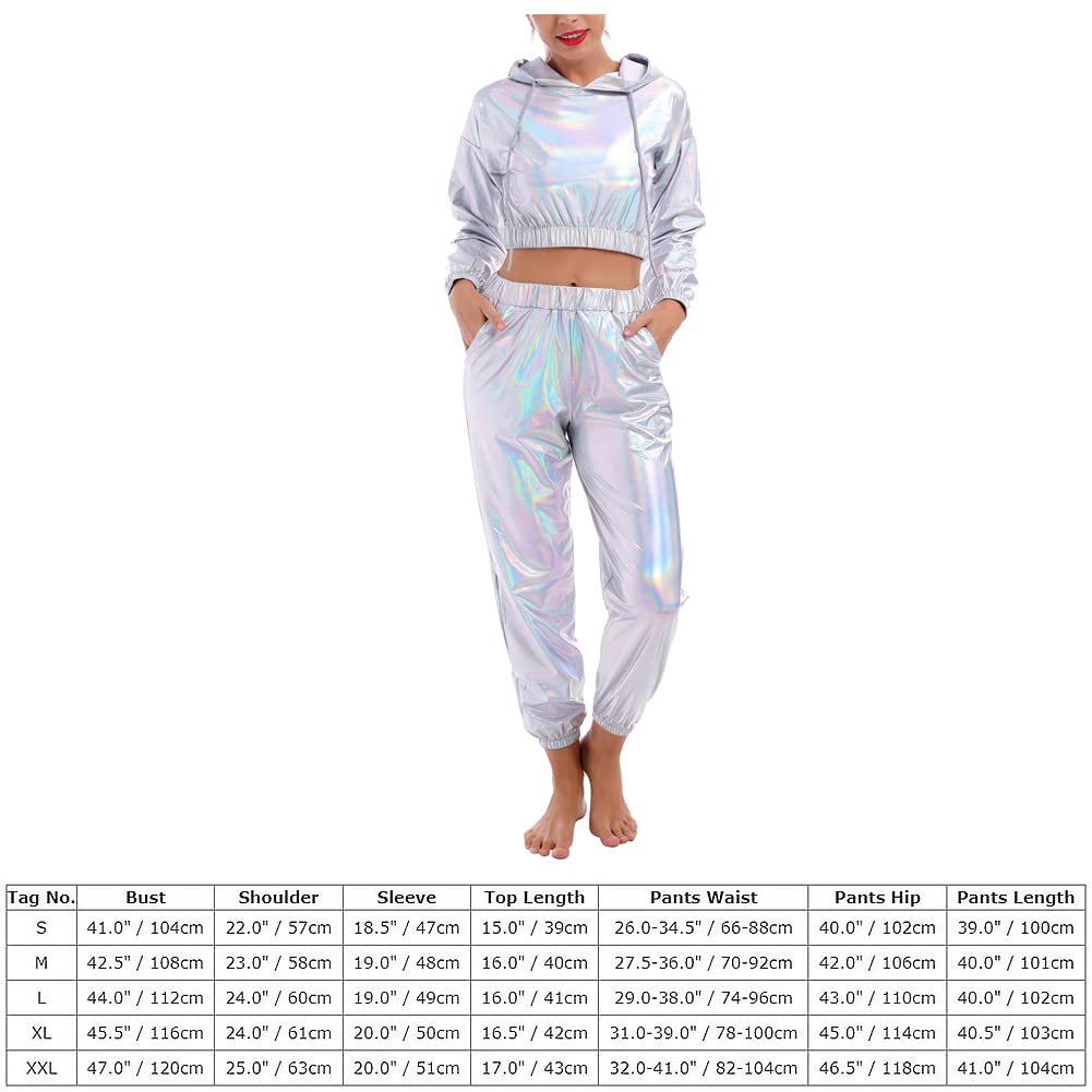 IMEKIS Women's Rave Outfit Shiny Crop Top Hoodie Metallic Casual Long Pants Hooded Workout Sweatshirt Disco Dance Clubwear