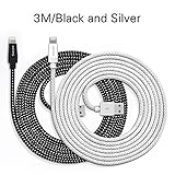 Kinps Apple MFi Certified Lightning to USB Cable 10ft/3m iPhone Charger Cord Super Long for iPhone 7 / 7 Plus / 6S / 6S Plus / 6 / 6 Plus / SE / 5S / 5, iPad Pro / Air / Mini (10FT Black & Silver)
