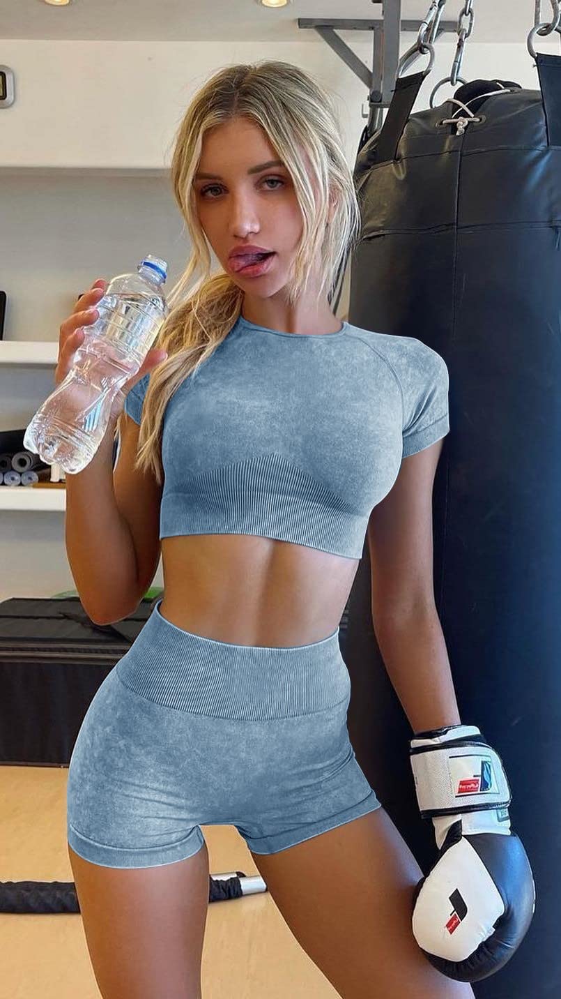 OLCHEE Womens Workout Sets 2 Piece - Seamless Acid Wash Yoga Outfits Shorts and Crop Top Matching Gym Athletic Clothing Set