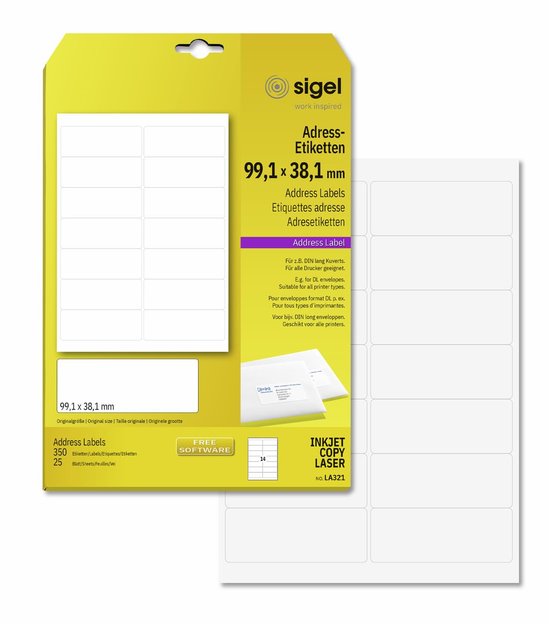 SIGEL LA321 Universal Address Labels, 9.91 x 3.81 cm, 350 lbl equal to 25 sheets, White