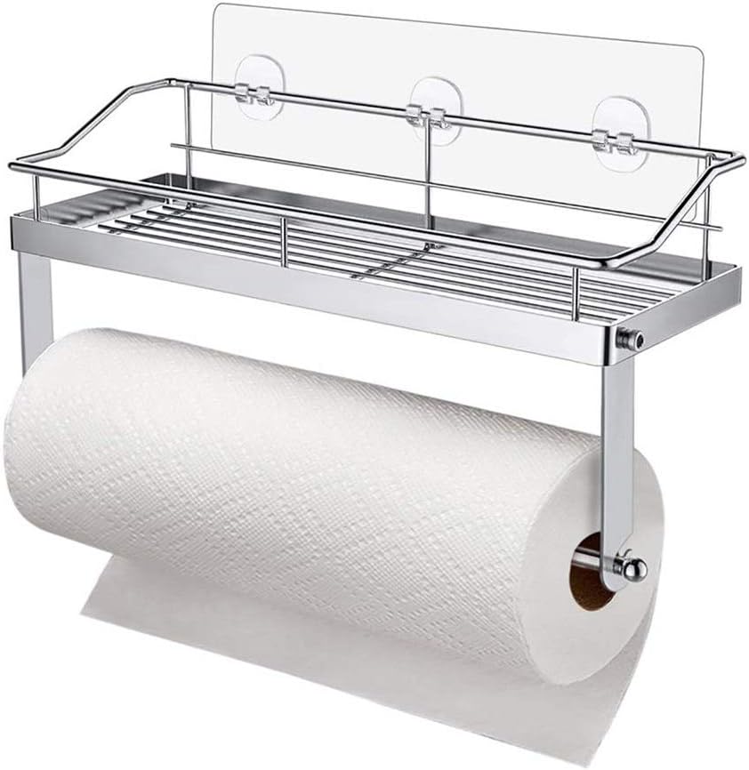 Adhesive Paper Towel Holder With Shelf Storage Wall Basket