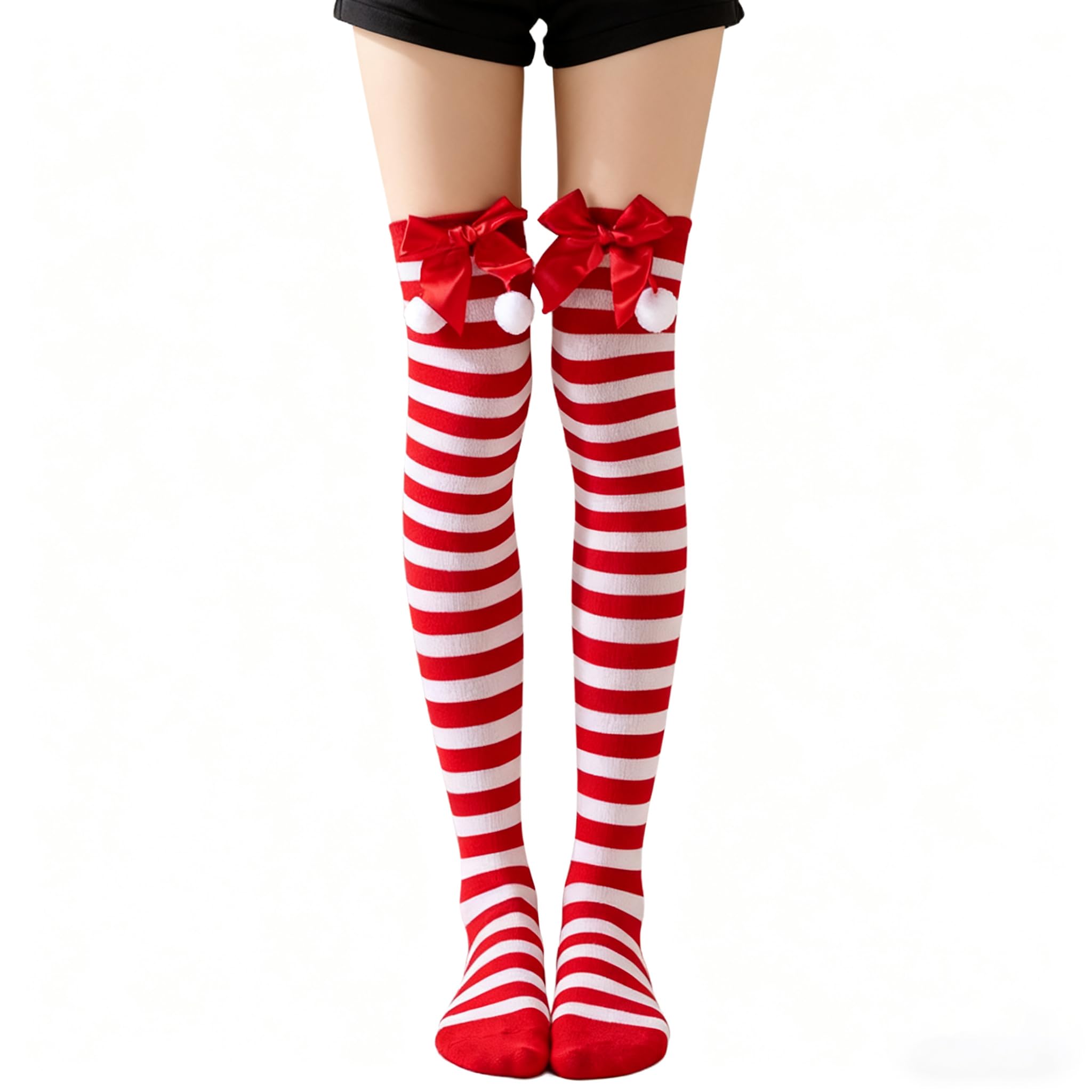 Photo 1 of Chritmas Long Striped Socks for Women Classic Red & White Striped Over Knee Socks for Lady Cosplay
