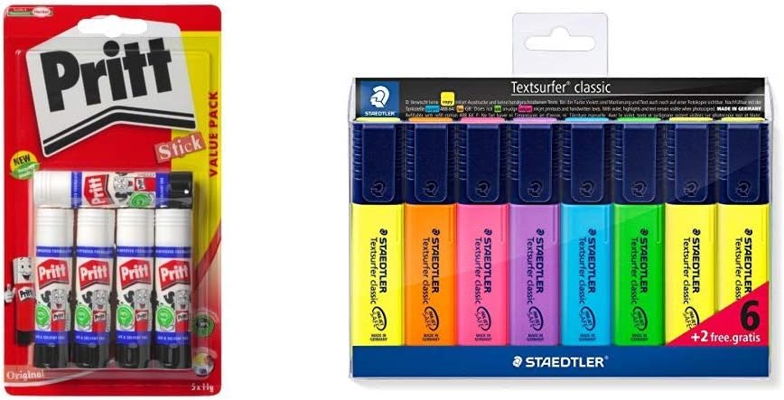 Pritt 1483489 Glue Stick,Small(Pack of 5)-White &STAEDTLER 364 A WP8 Textsurfer Highlighter Bonus Pack, Assorted Colours, Pack of 6 + 2