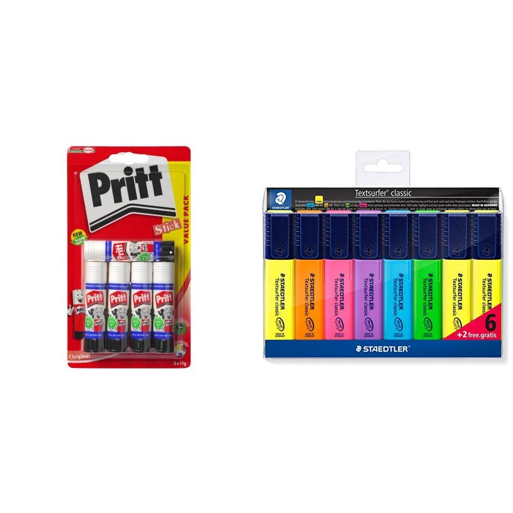 Pritt 1483489 Glue Stick,Small(Pack of 5)-White &STAEDTLER 364 A WP8 Textsurfer Highlighter Bonus Pack, Assorted Colours, Pack of 6 + 2