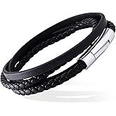 555Jewelry Stainless Steel Braided Wrap Layered Leather Cord Magnetic Bracelet