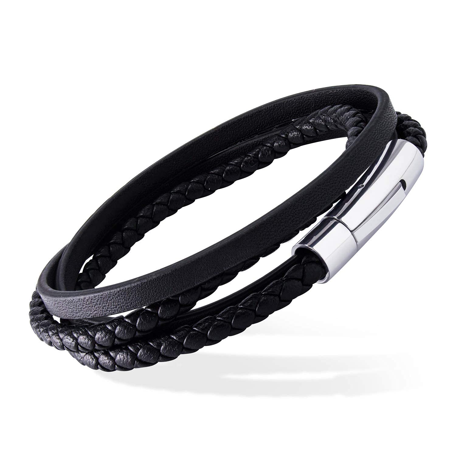 555Jewelry Mens Unisex Stainless Steel Braided Wrap Multi Layer Layered Leather Cord Magnetic Clasp Wraparound Vintage Wristband Vintage Fashion Accessory Jewelry Bracelet, Silver 9 Inch
