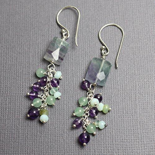 Gemstone Dangle Earrings-Flourite, Opals, Amethyst, and Aventurine
