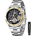 Tiong Mens Watch Luxury Skeleton Mechanical Stainless Steel Waterproof Black Automatic Self-Winding Wrist Watches for Men