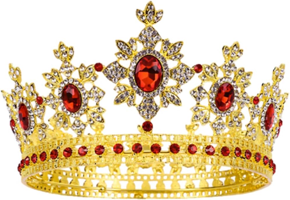 FRCOLOR Baroque Crown Queen Full Round Crowns Rhinestone Beads Vinatge Princess Tiara Wedding Headpiece for Women,Bride(Gold Red)