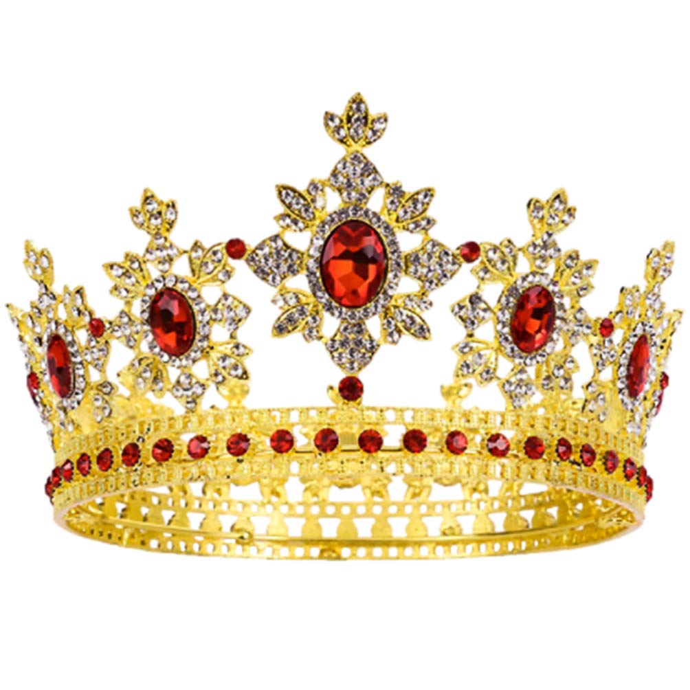 FRCOLOR Baroque Crown Queen Full Round Crowns Rhinestone Beads Vinatge Princess Tiara Wedding Headpiece for Women,Bride(Gold Red)