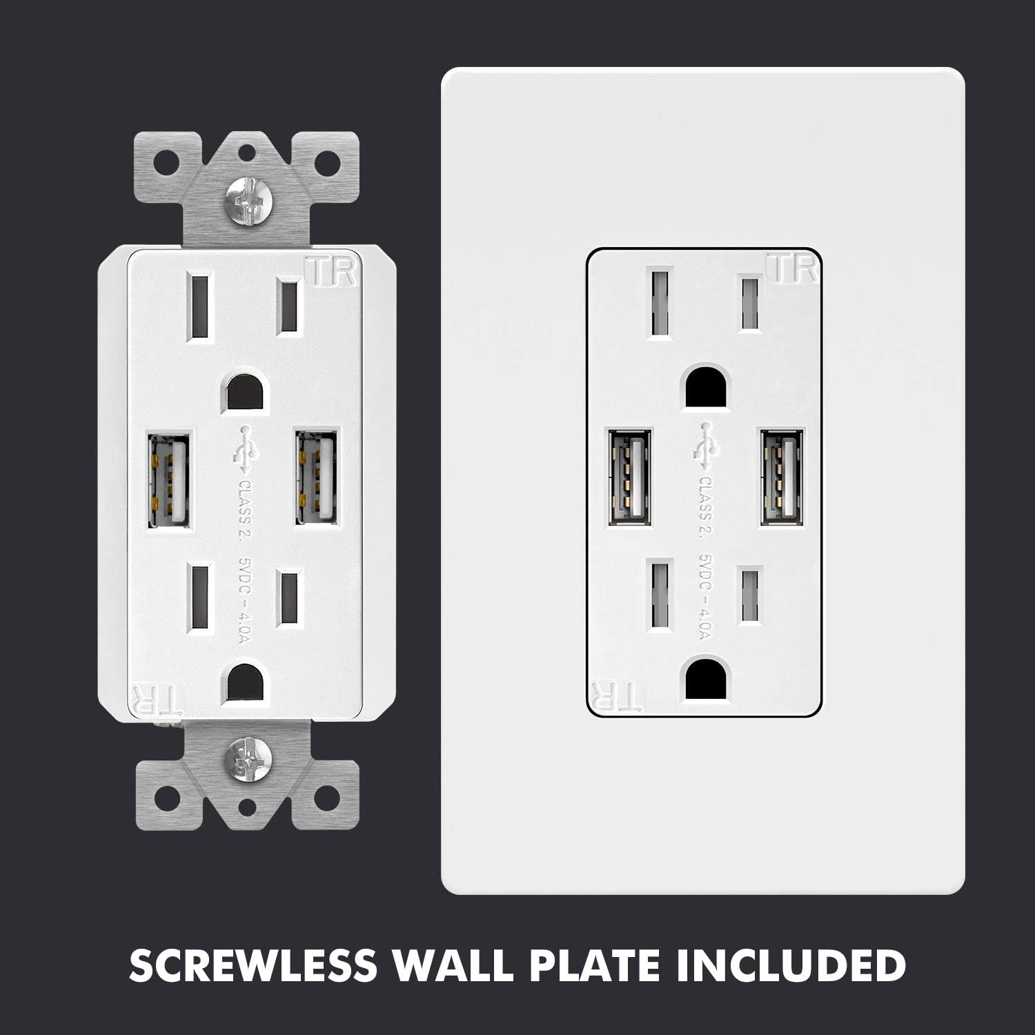 TOPGREENER TU2154A-W High Speed USB Charger Outlet, USB Wall Charger, Electrical Outlet with USB, 15A TR Receptacle, Screwless Wall Plate, for iPhone X, iPhone 8 / 8 Plus, Samsung Galaxy and more, TU2154A, White: Home Improvement
