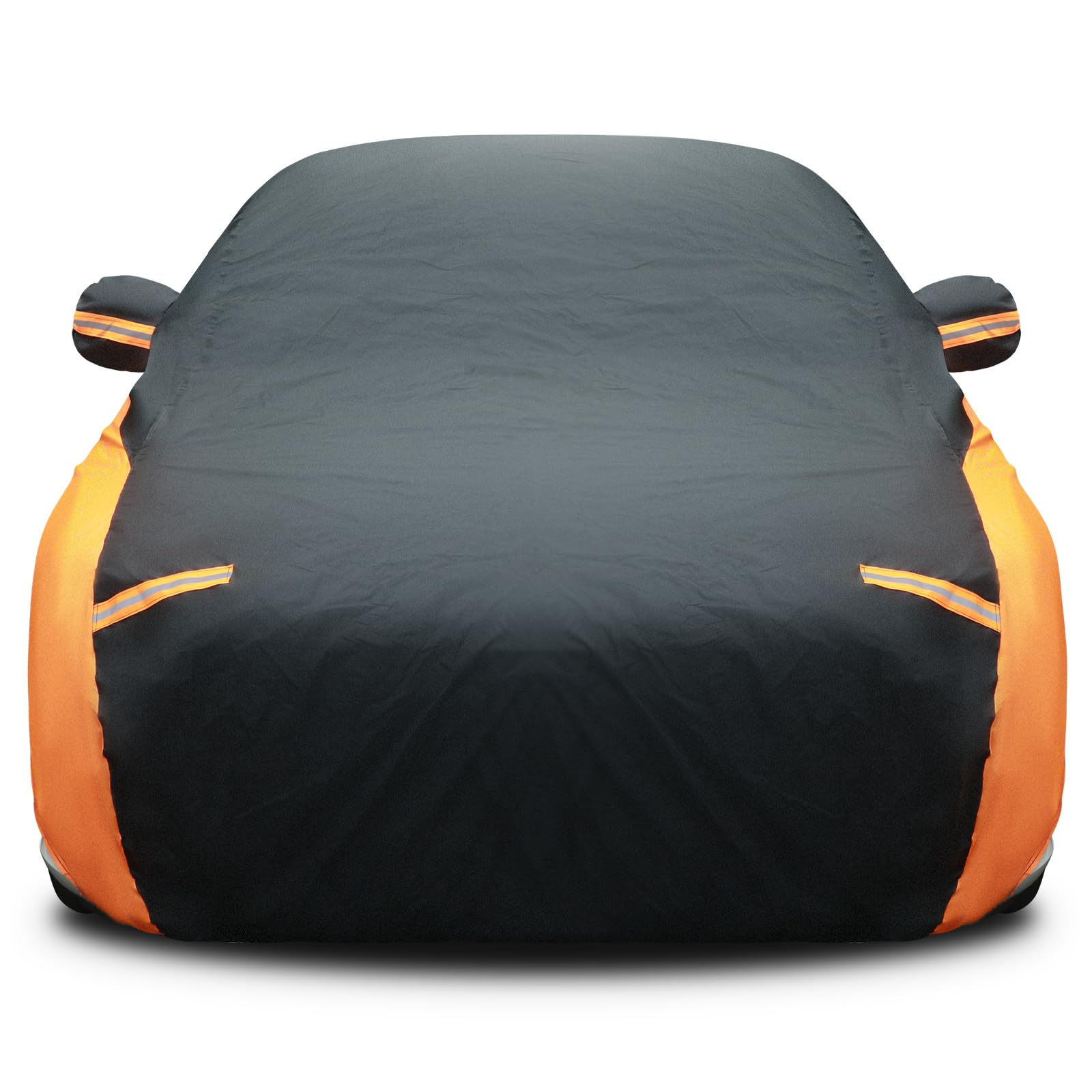 Photo 1 of Riakrum Full Car Cover Waterproof Most Weather for Automobiles, Outdoor Full Cover Rain UV Protection Sun, Scratch Resistant Windproof(Fit Sedan Length (194-208'') 59'' H,Black, Orange)