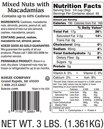 Koeze Mixed Nuts with Macadamias - 3 lb. Party Jar - Contains: Colossal Cashews, Southern Pecans, White Macadamias and California Almonds