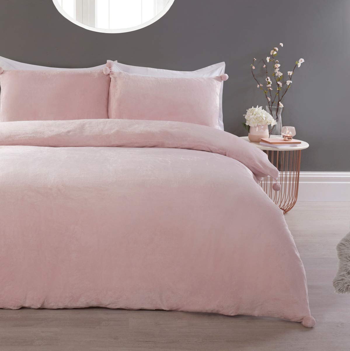 Sleepdown Pom Pom Pink Fleece Warm Cosy Super Soft Easy Care Plain Flannel Duvet Cover Quilt Bedding Set with Pillowcases - King (220 cm x 230 cm)