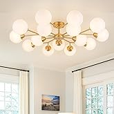 HUOKU 38.5" Semi Flush Mount Ceiling Light, 15-Light Modern Gold Ceiling Light Fixture with Opal Glass Globe, Mid-Century Lar