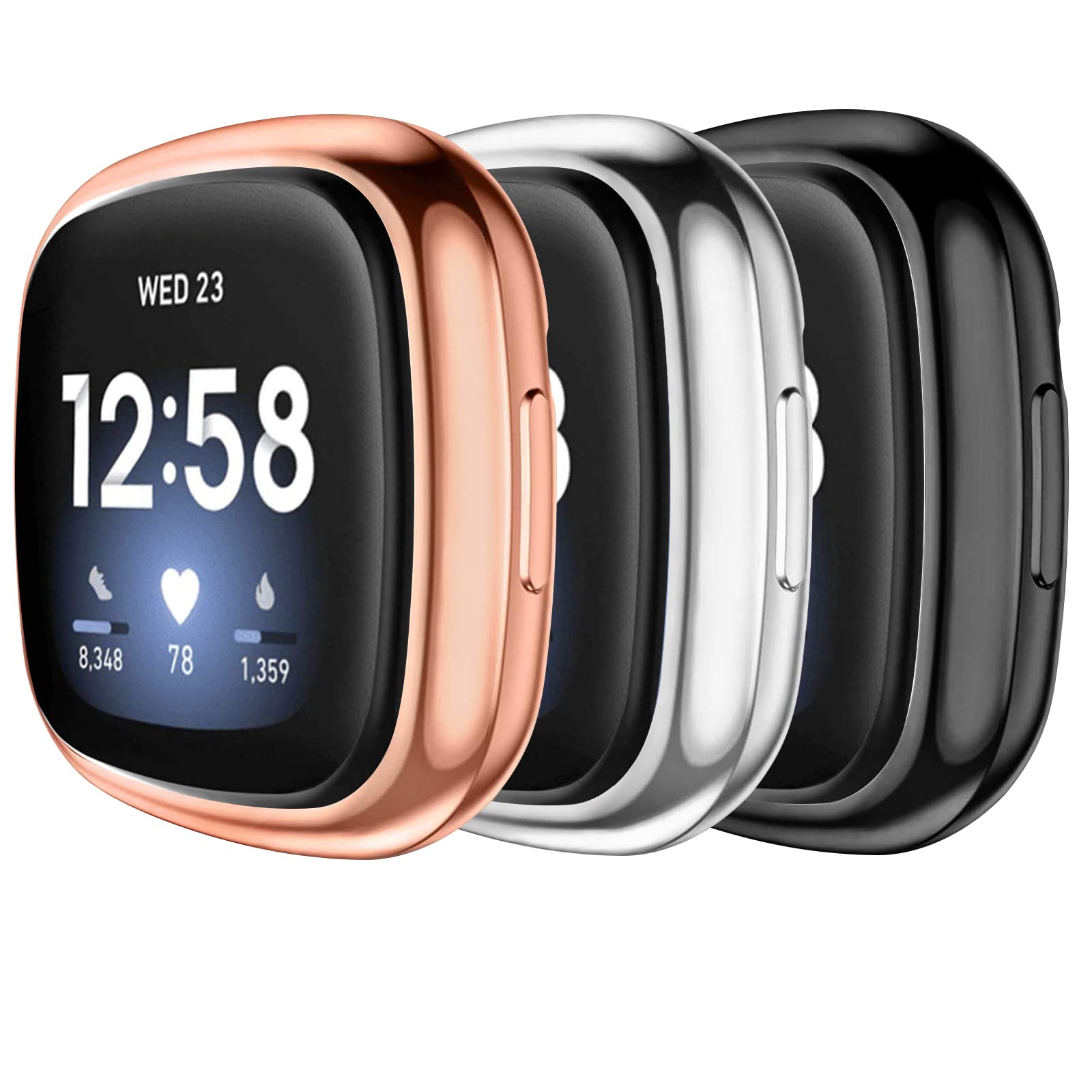Photo 1 of [3 Pack] Compatible with Fitbit Sense/Fitbit Versa 3 Screen Protector Case, Soft TPU Full Around Cover for Fitbit Versa 3 / Sense Smartwatch (black, rose gold, silver)