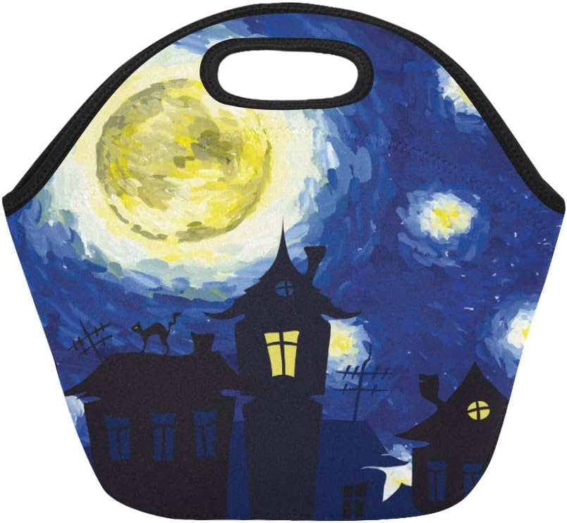 Insulated Neoprene Lunch Bag Magic Castle Starry Night Inn Style Of Halloween Large Size Reusable Thermal Thick Lunch Tote Bags For Lunch Boxes For Outdoors,work, Office, School